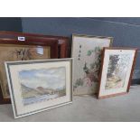 Two watercolours of lakeland scene and woodland plus a Chinese embroidery with a peacock