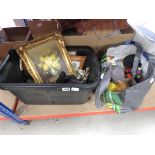 2 boxes containing soft toy prints, Wade barrel, opera glasses and ornamental figures