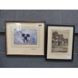 David Shepherd print with a bull elephant and an engraving of a Tudor house entitled "