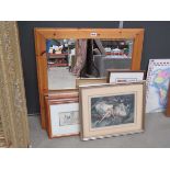 Quantity of prints and a mirror to include two nudes, country scene with church, terrier and