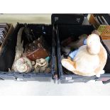 2 boxes containing soft toys, resin figures, quartz clock and a jewellery box