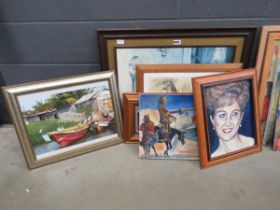 Quantity of paintings and prints to include egrets and boats, Princess Diana, Don Quixote plus dog