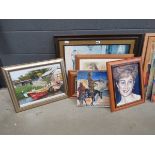 Quantity of paintings and prints to include egrets and boats, Princess Diana, Don Quixote plus dog