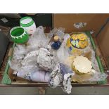 Box containing teacups and saucers, Christmas wine glasses, lidded tureen plus a sauce bottle and
