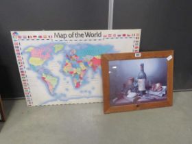Print of still life with cheese and wine bottle plus a world map