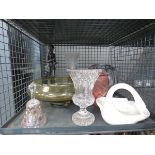 Cage containing a figure of a lady, glass bell, large glass fruit bowl, vases and a swan shaped