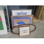 Oval mirror plus a quantity of prints to include coastal scenes, country cottages and chapel