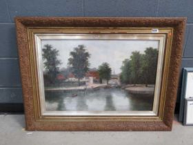 Oil on canvas of river with church spire in background