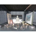 Cage containing wristwatches, prints, mirror, loose cutlery and a figure of Buddha