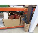 2 boxes and a basket containing household goods to include a parasol, bent cane furniture,