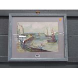 Oil painting of fishing boats in harbour