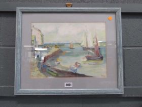 Oil painting of fishing boats in harbour