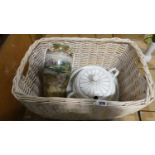 White and green ceramic tureen with Japanese hand painted vase in twin handled wicker basket