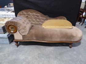 Mahogany framed brown button back upholstered chaise