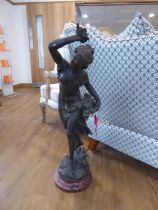 Large patinated Spelter figure of woman bearing flowers after Math Moreau