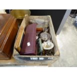 Crate containing collection of plated ware, bottle, picture frames and other collectibles