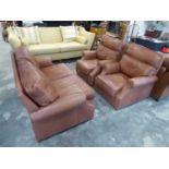 Brown leather upholstered 3 piece lounge suite comprising 2 seater sofa and 2 matching armchairs