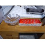 Large glass fruit bowl and part set of glass drinking cups