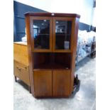 Modern rosewood effect corner display cabinet with cupboard below