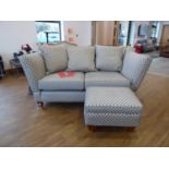 Blue and beige upholstered Multi York 2 seater sofa with matching footstool