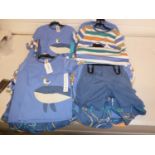 Boys shorts and t-shirt set in blue and stripy green, brown and orange (2 pairs of shorts and 2 t-