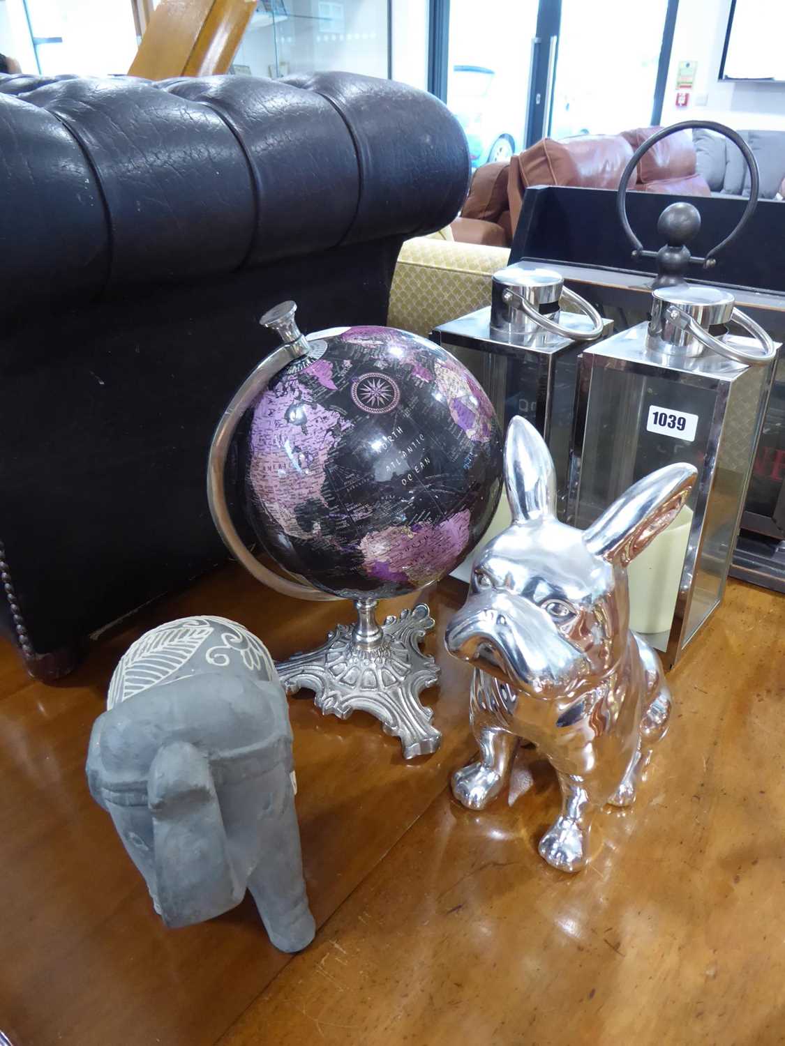 Small modern globe, 2 animal ornaments, 2 lanterns, clock and wine rack - Image 2 of 4