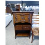 Slimline dark oak writing bureau with open fronted section below