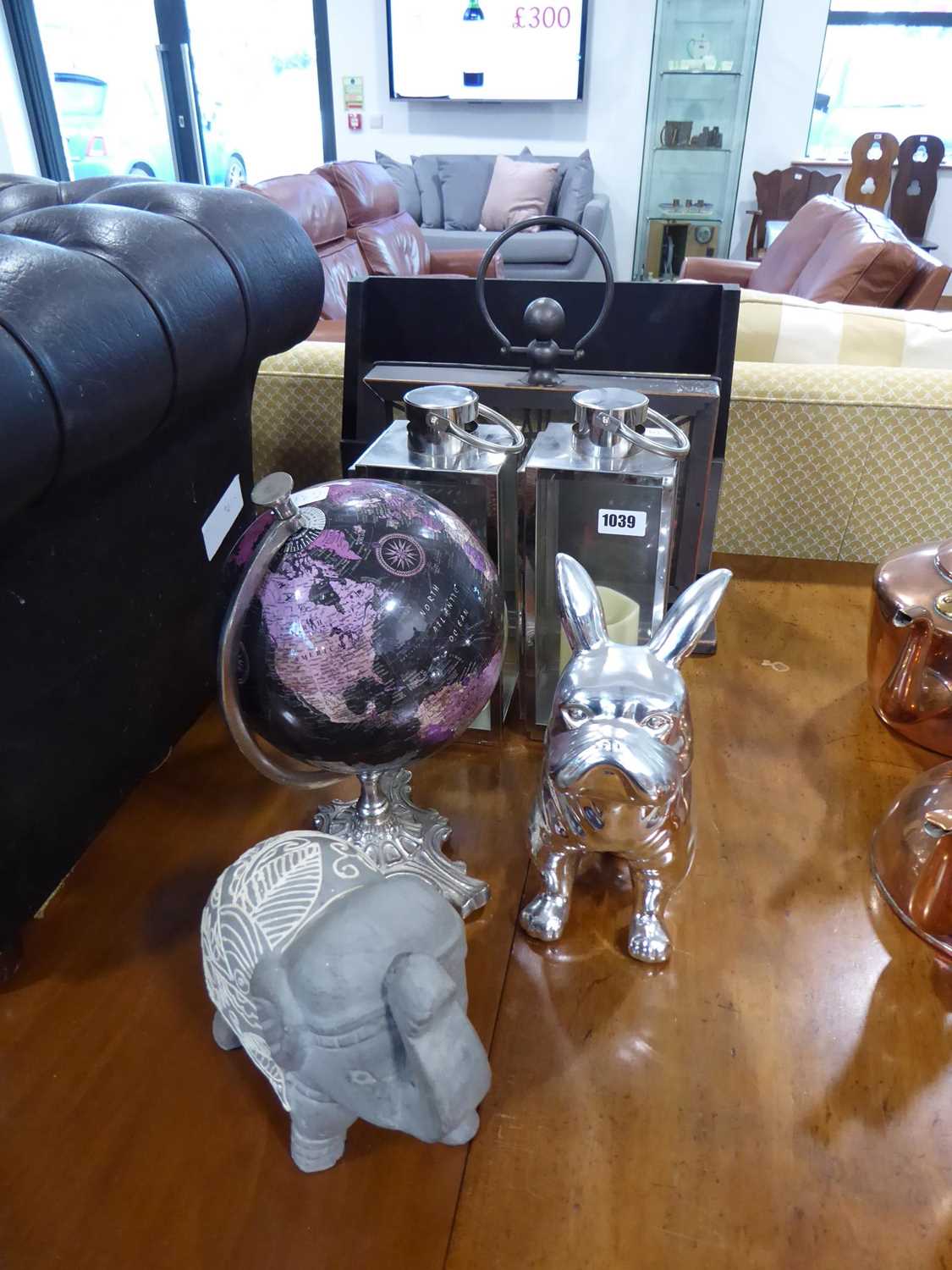 Small modern globe, 2 animal ornaments, 2 lanterns, clock and wine rack