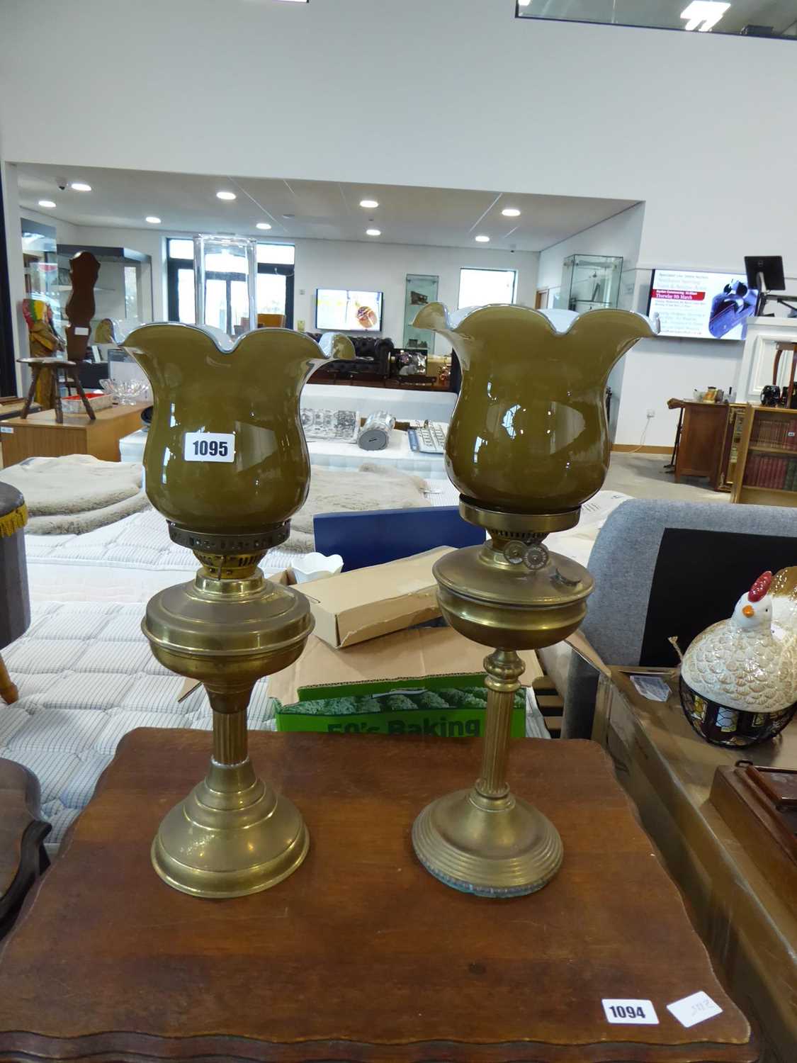 Pair of brass Duplex lanterns with green glass shades (1 funnel missing) with glass ceiling light