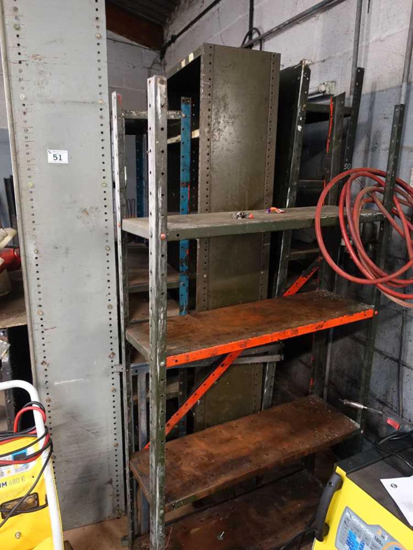 +VAT Quantity of metal racking and trolley with spare shelves, uprights, wooden rack, etc. - Image 5 of 5