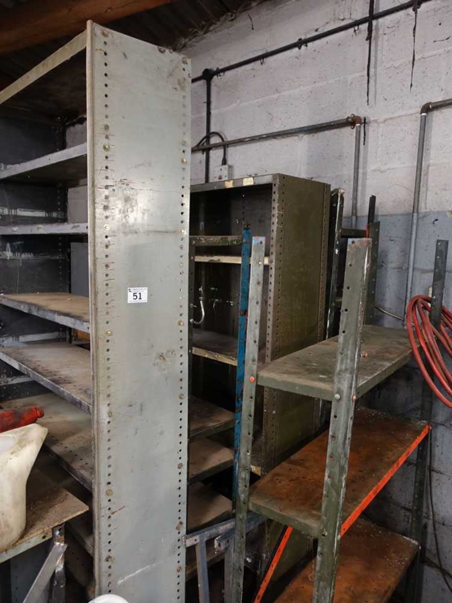 +VAT Quantity of metal racking and trolley with spare shelves, uprights, wooden rack, etc.