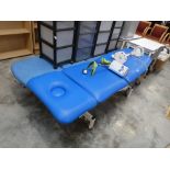 Collection of various Dr's surgery furniture including two electric beds, two white four wheeled