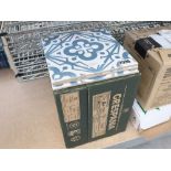 Box containing 20x20cm blue and white patterned tiles