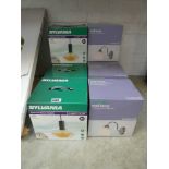 Four boxed Sylvania Cyclone retro style hanging lights together with four boxed Good Home wall