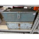 Blue wooden toolbox with blue steel toolbox