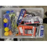 +VAT Crate containing misc. items incl. spray adhesive, Sylvania light, motorcycle battery
