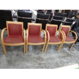 Set of four light wood effect reception chairs with red fabric inserts