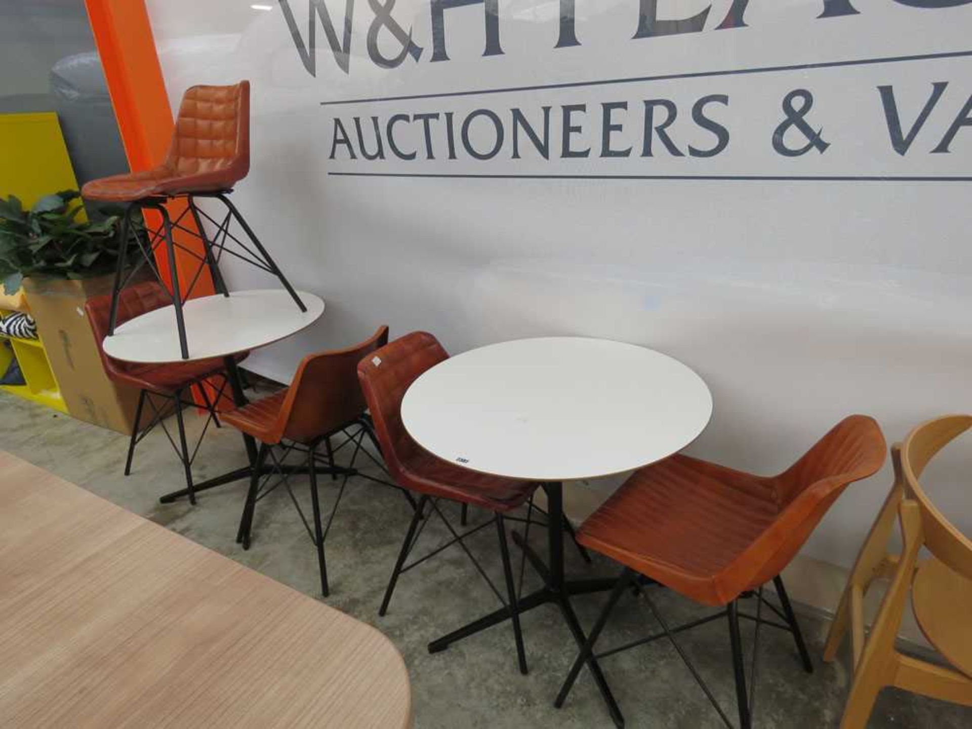 2 circular white top canteen tables on chrome 4 star bases with set of 5 brown leatherette dining