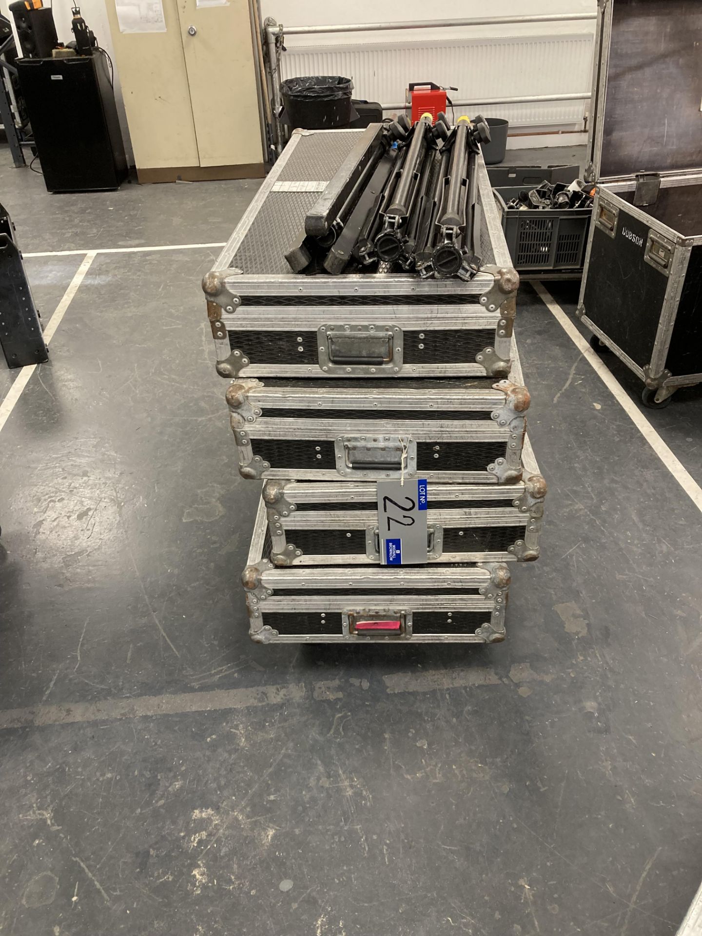 4-4 way Tripod Speaker Stand with cases and 3 Various Speaker Stands, flightcases worn (located at