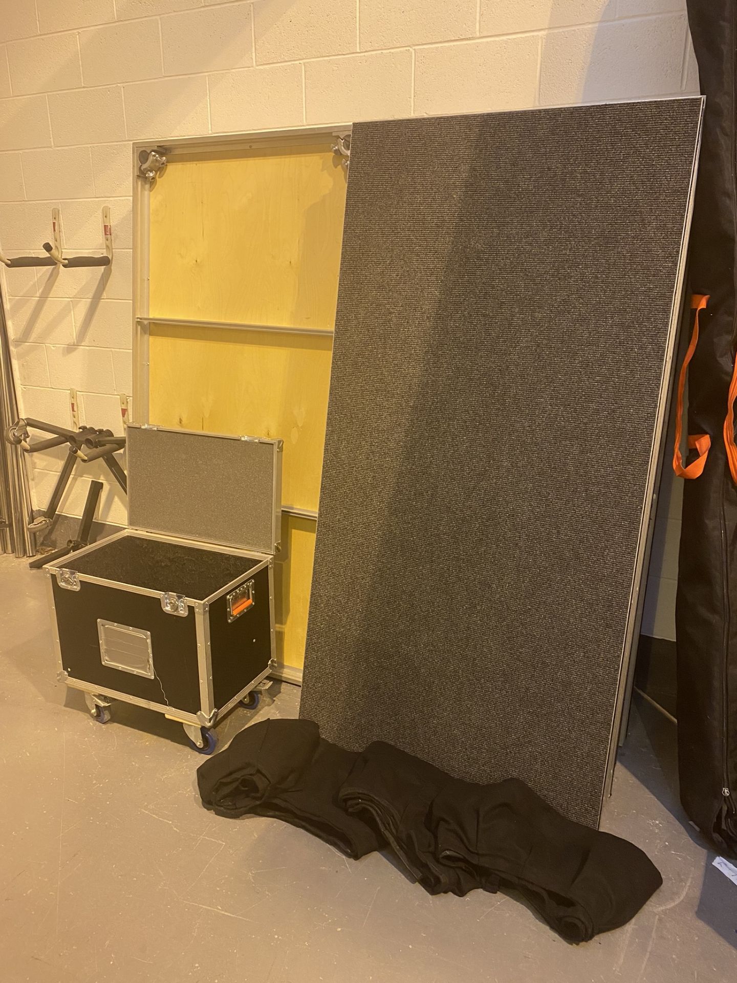 10 x 2m x 1m Carpeted Stage Units with 40 x 300mm legs, 4 x 4m skirting, flight case, excellent