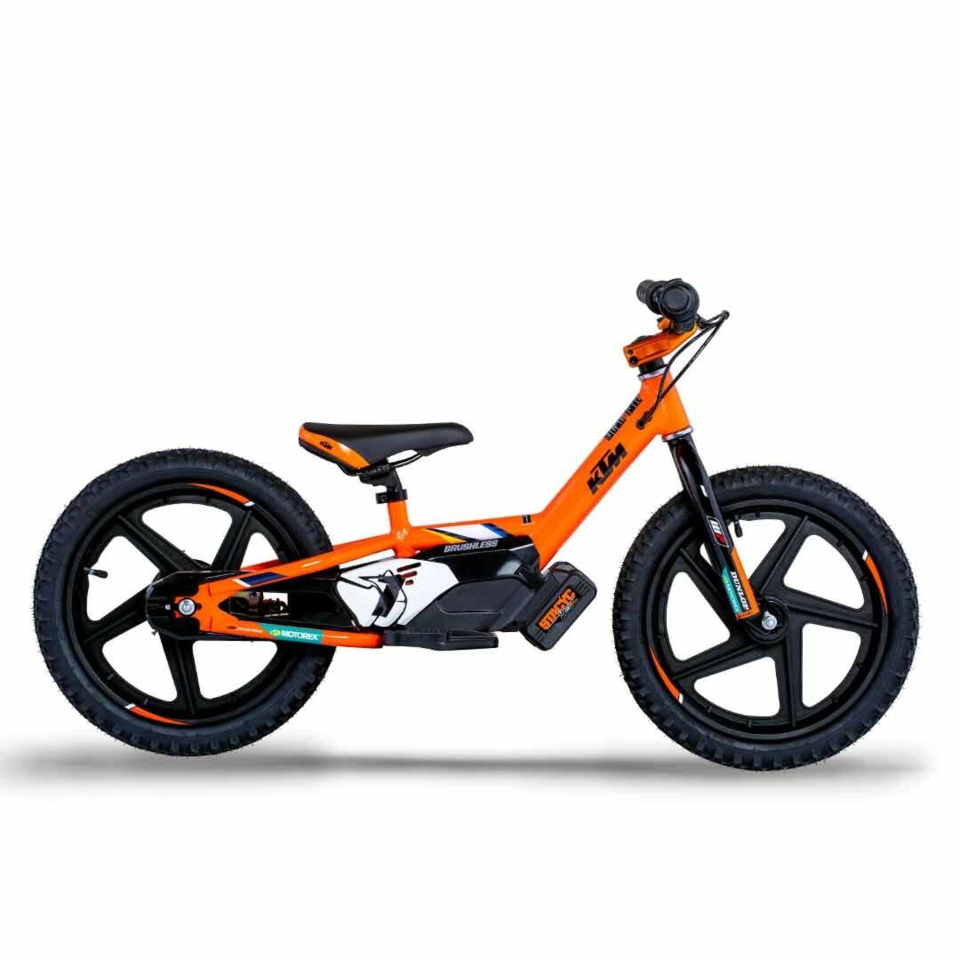 A Stacyc EDRIVE 16 Electric Powered Balance Bike Stability Cycle, KTM Style, orange, gross weight