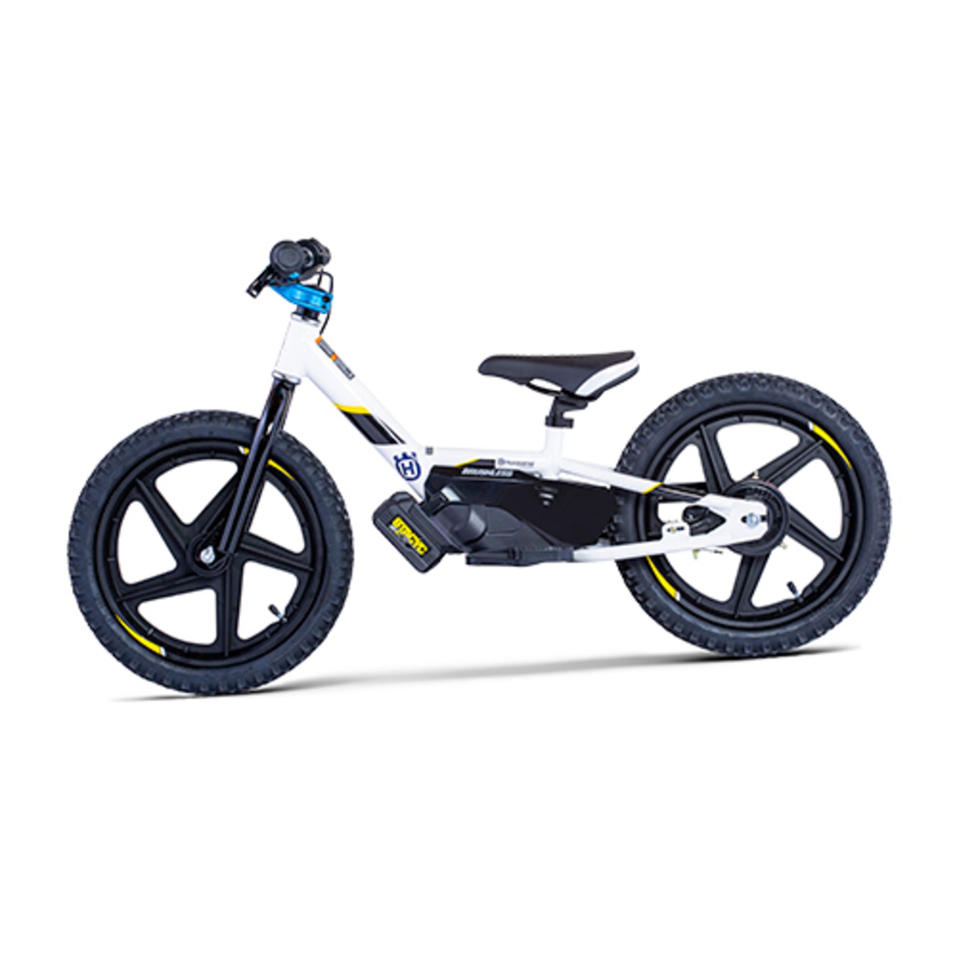 A Stacyc EDRIVE 16 Electric Powered Balance Bike Stability Cycle, Husqvarna Style, white, gross