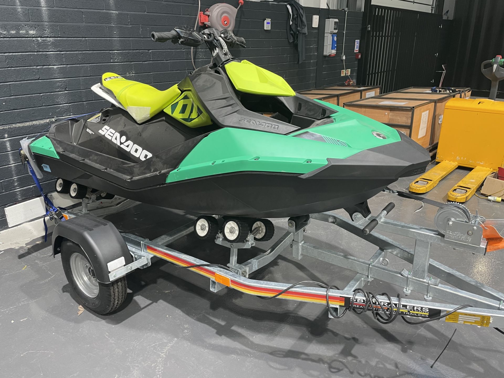 A BRP SeaDoo Spark TRIXX Jet Ski, green/black, as new, (no VIN, hull replaced under warranty) with
