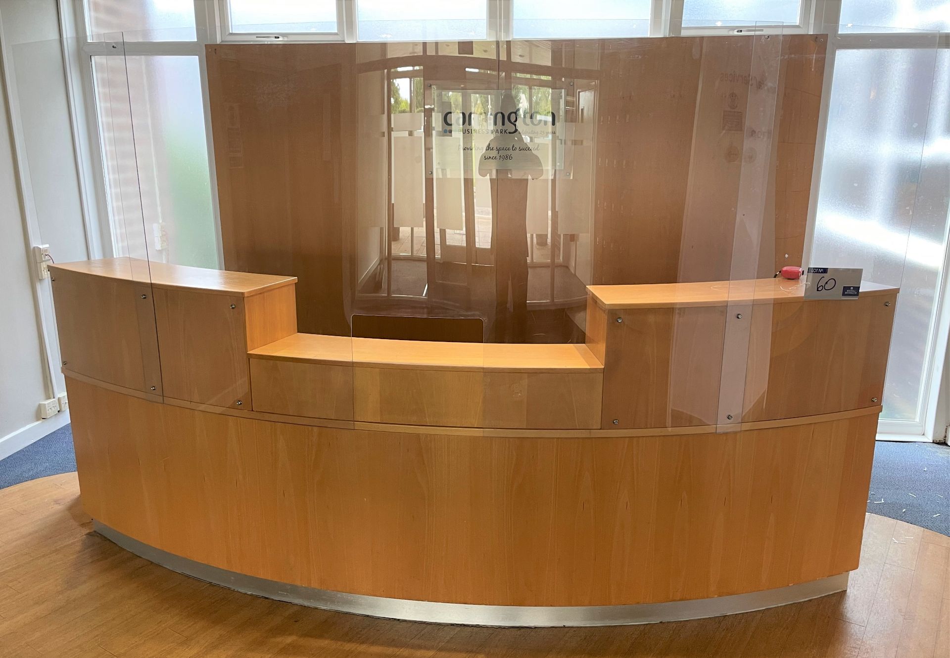 A Curved Reception Desk with Hygiene Screen and 2-3 drawer Filing Pedestals, 3000mm w x 1120mm h.