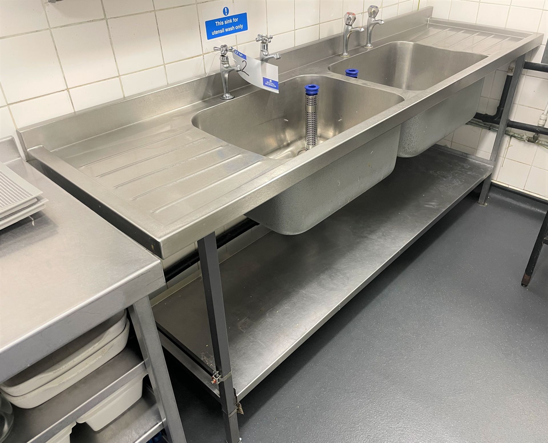 A Stainless Steel Double Bowl Double Drainer Sink Unit with undershelf, 2100mm x 600mm x 900mm h.