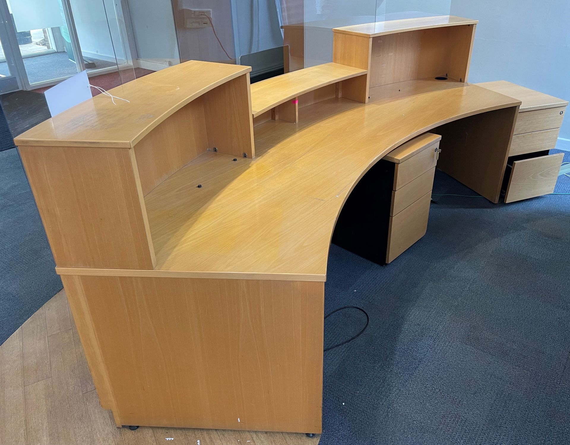 A Curved Reception Desk with Hygiene Screen and 2-3 drawer Filing Pedestals, 3000mm w x 1120mm h. - Image 2 of 2