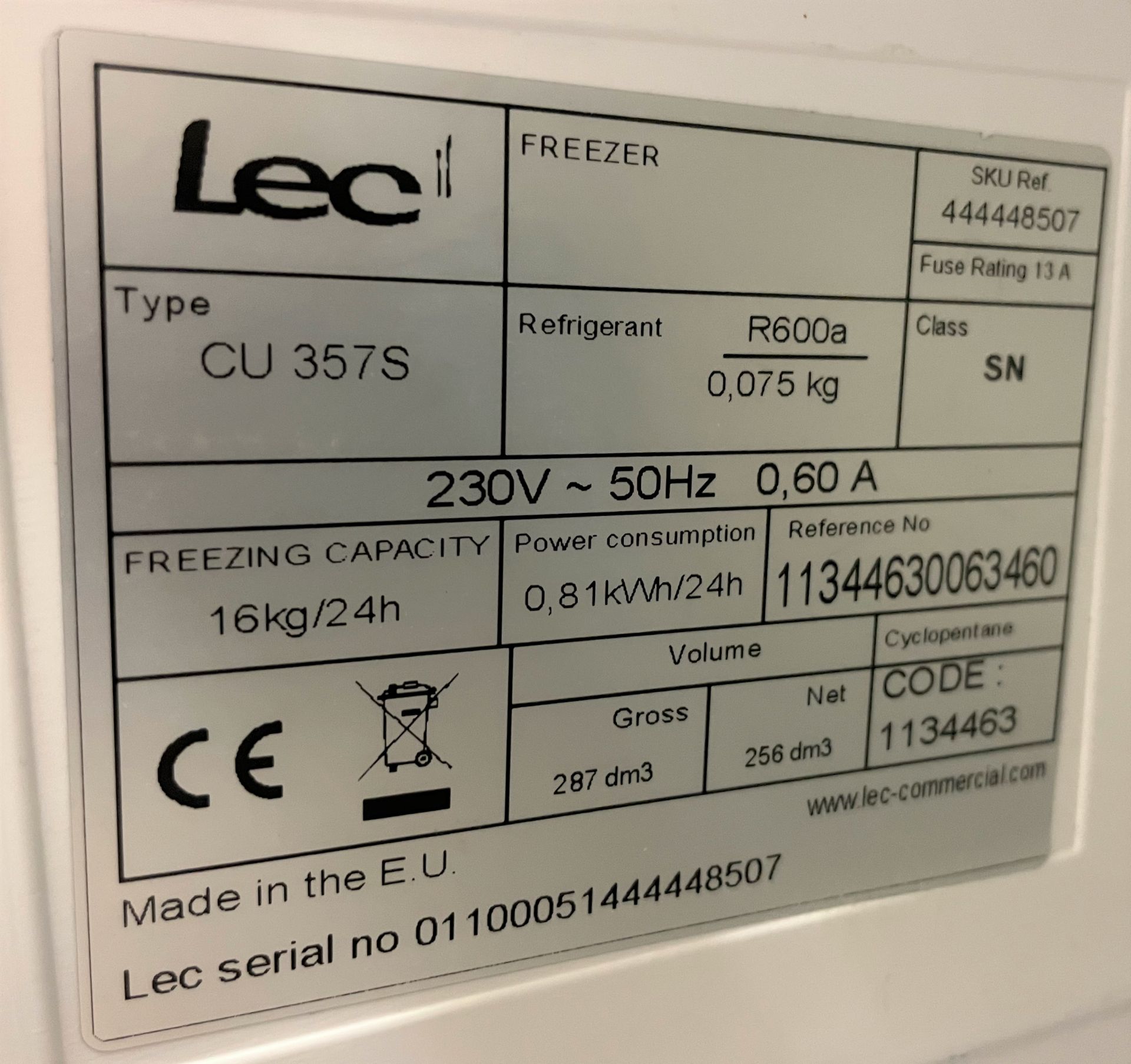 A LEC CU357S Upright Freezer, 600mm x 600mm x 1860mm h. - Image 3 of 3