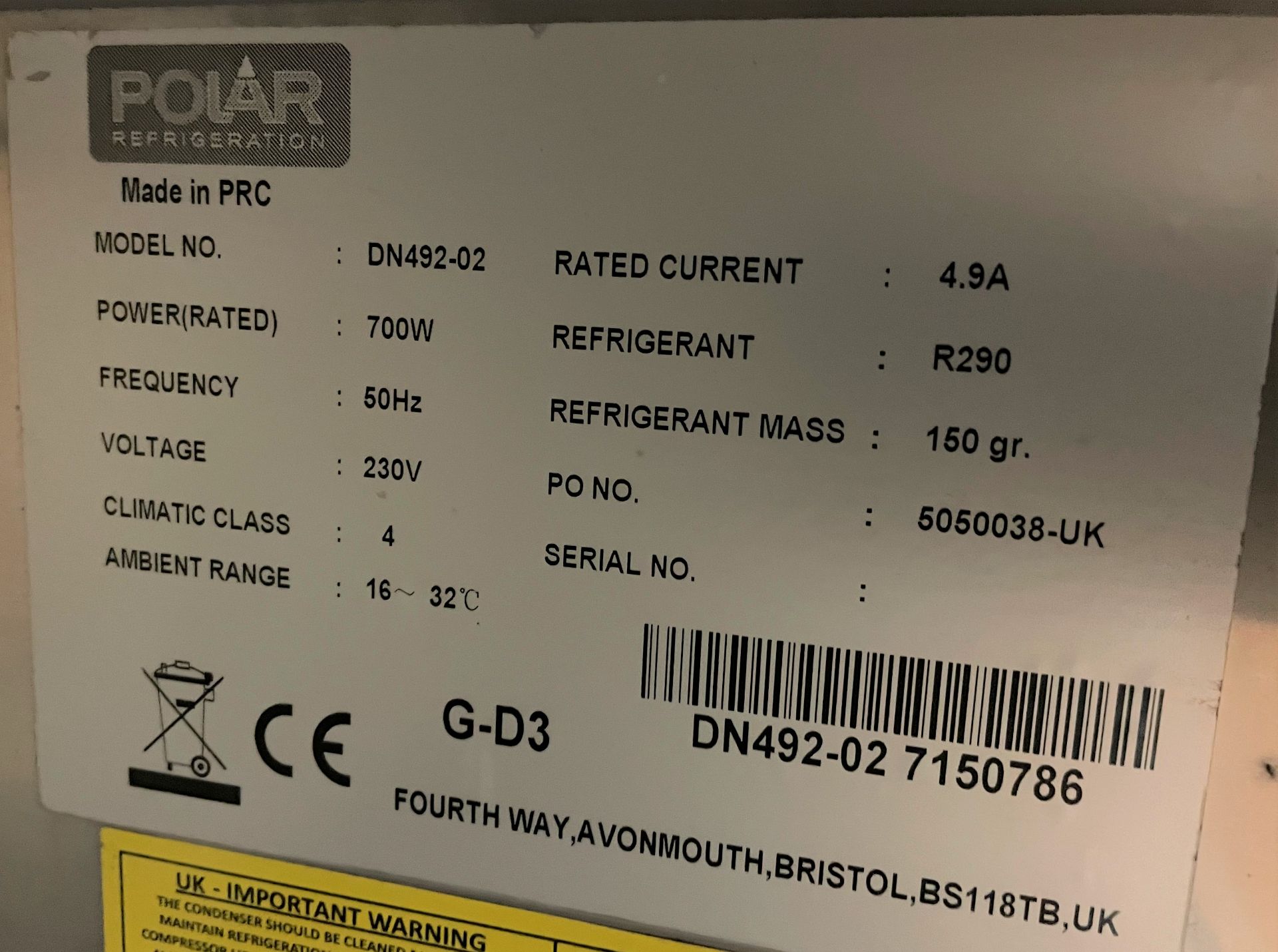 A Polar Refrigeration Model DN492-02 Blast Chiller No.7150786, 800mm x 830mm x 990mm h. - Image 3 of 3