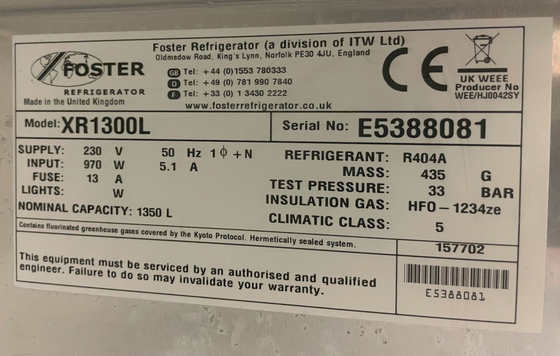 A Foster xtra XR1300L Stainless Steel Mobile Double Door Upright Freezer Cabinet No.E5388081, 1350 - Image 3 of 3