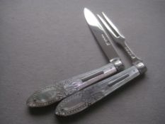 Rare Victorian Matching Carved Mother of Pearl Hafted Silver Bladed Folding Fruit Knife & Fork